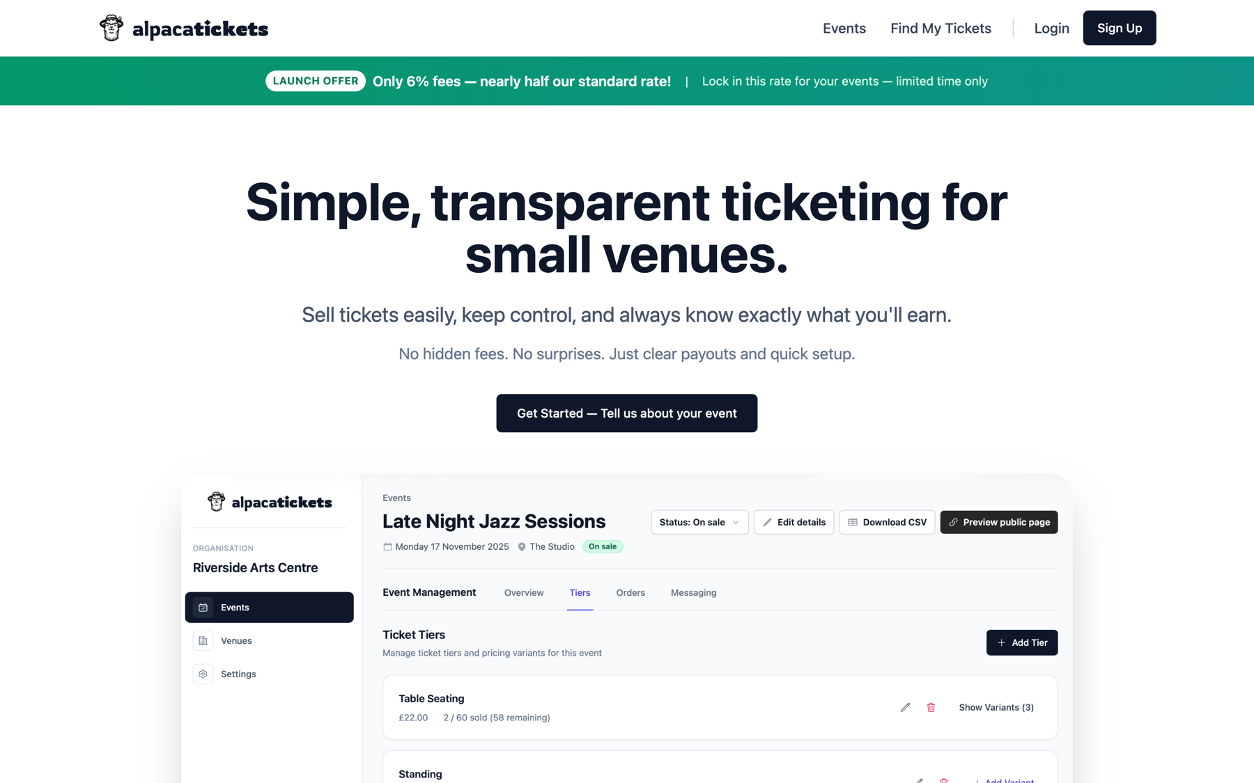 Alpaca Tickets event management dashboard