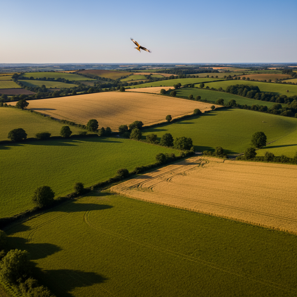 Red kite soaring over the Chilterns countryside